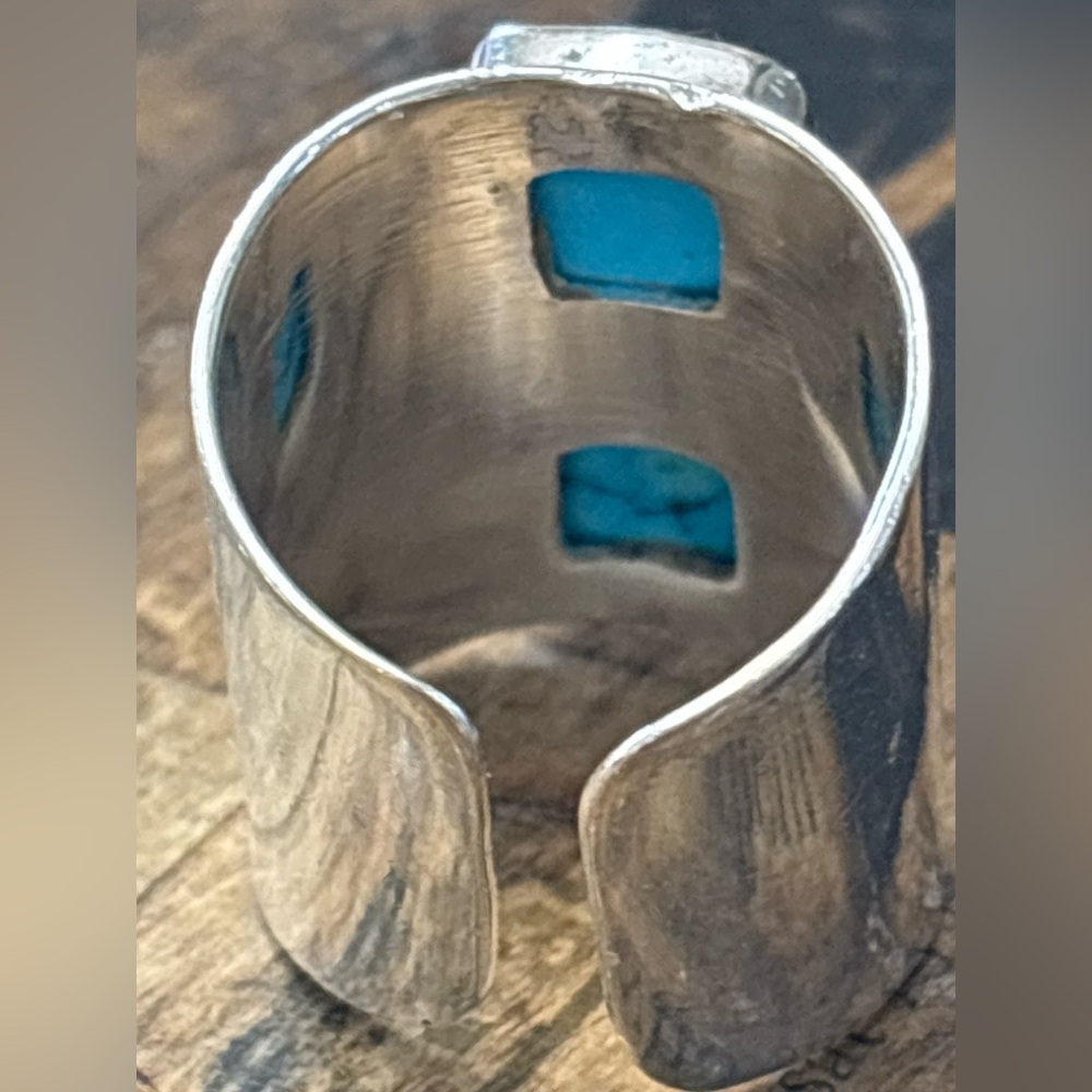 Vintage Sterling Silver Double Turquoise Wide Cuff Statement Ring 925 Size 6 - Picture 2 of 6